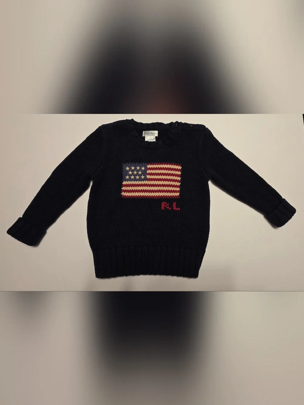 Ralph Lauren Black Knit Crewneck Sweater with Flag Embroidery